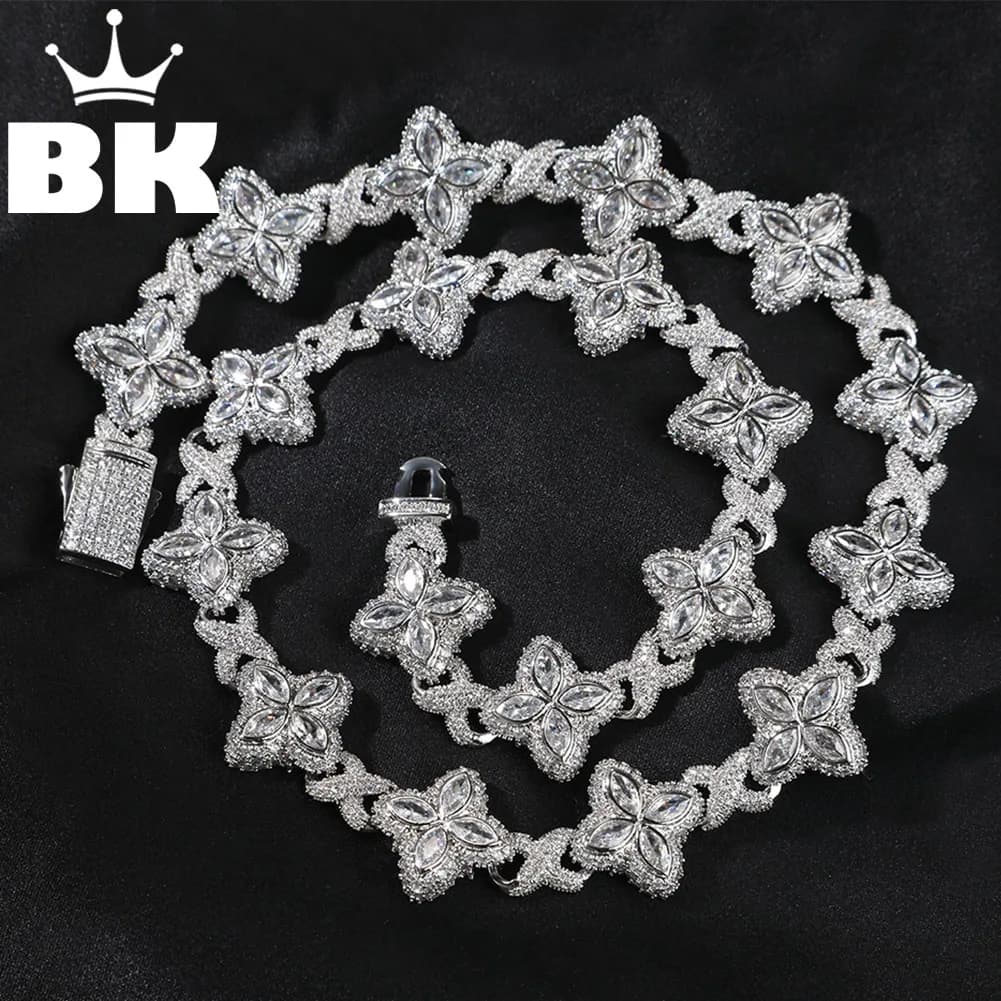 THE BLING KING Collana con catena a maglie infinite con trifoglio in zirconi, larghezza 19 mm, completamente ghiacciato, colorato CZ lucido, gioielli adorabili di lusso