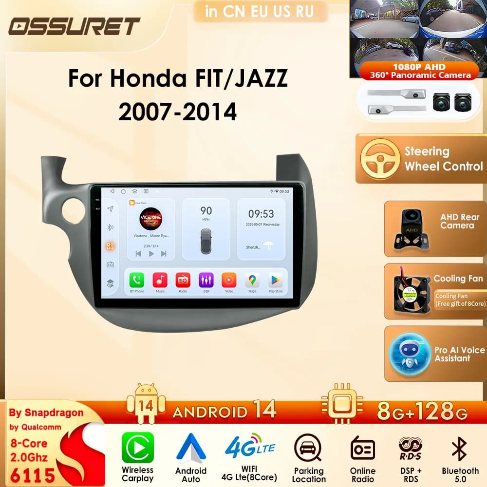 OSSURET 360camera Carplay Android Auto For Honda FIT JAZZ (Left Driving) 2007- 2014 2din Car Multimedia Video Player DSP GPS BT