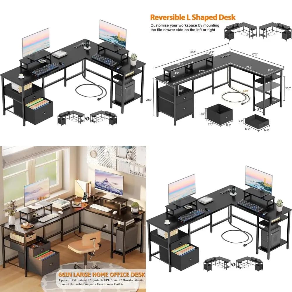Scrivania da Gaming a L 66 Pollici con Presa di Corrente, Design Reversibile, 2 Supporti per Monitor e Ripiani Portaoggetti, Nera