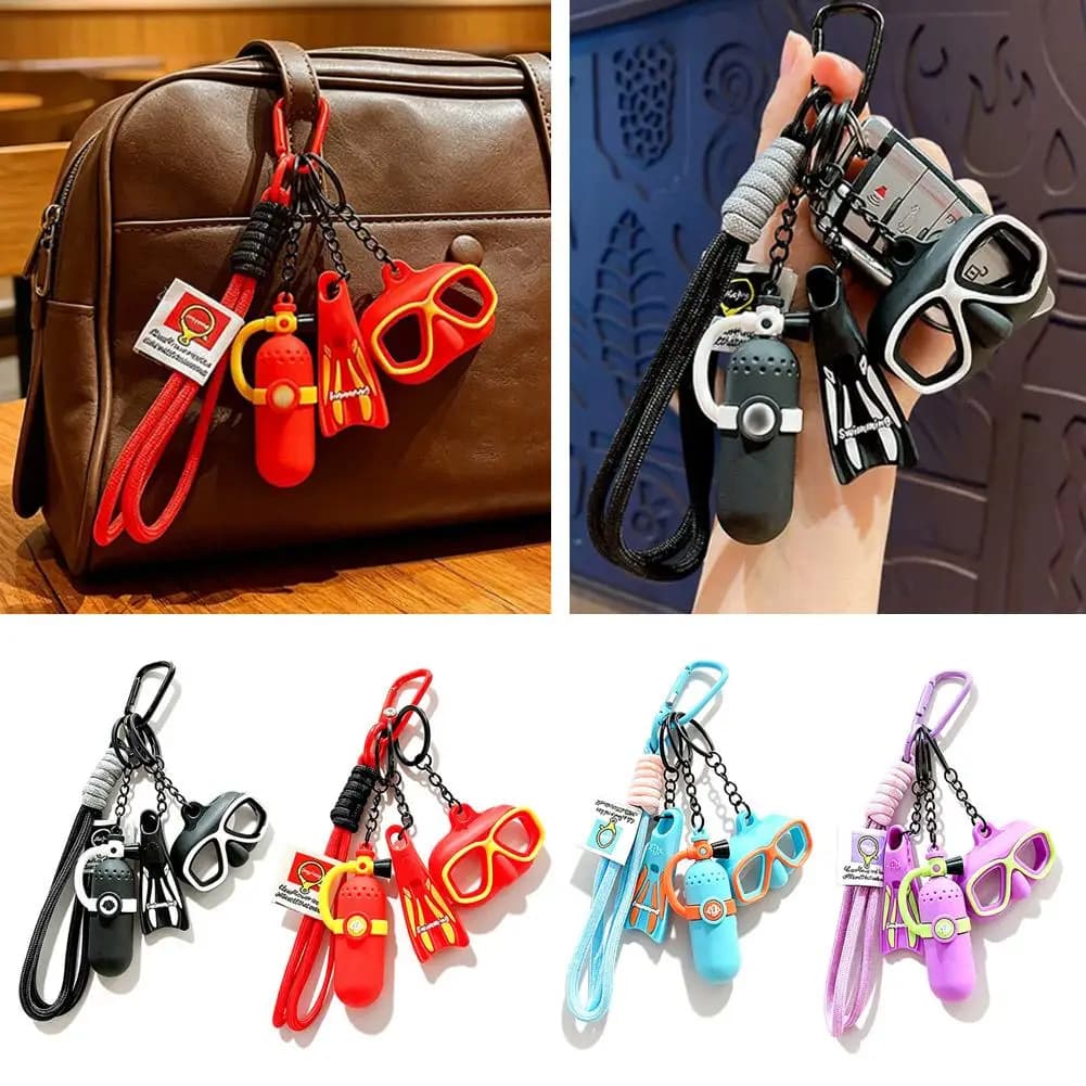 Diving Keychain Miniature Oxygen Cylinder Swim Fin Goggles PVC Keyring 3 Ring Metal Chain Carabiner Luggage Backpack Pendant