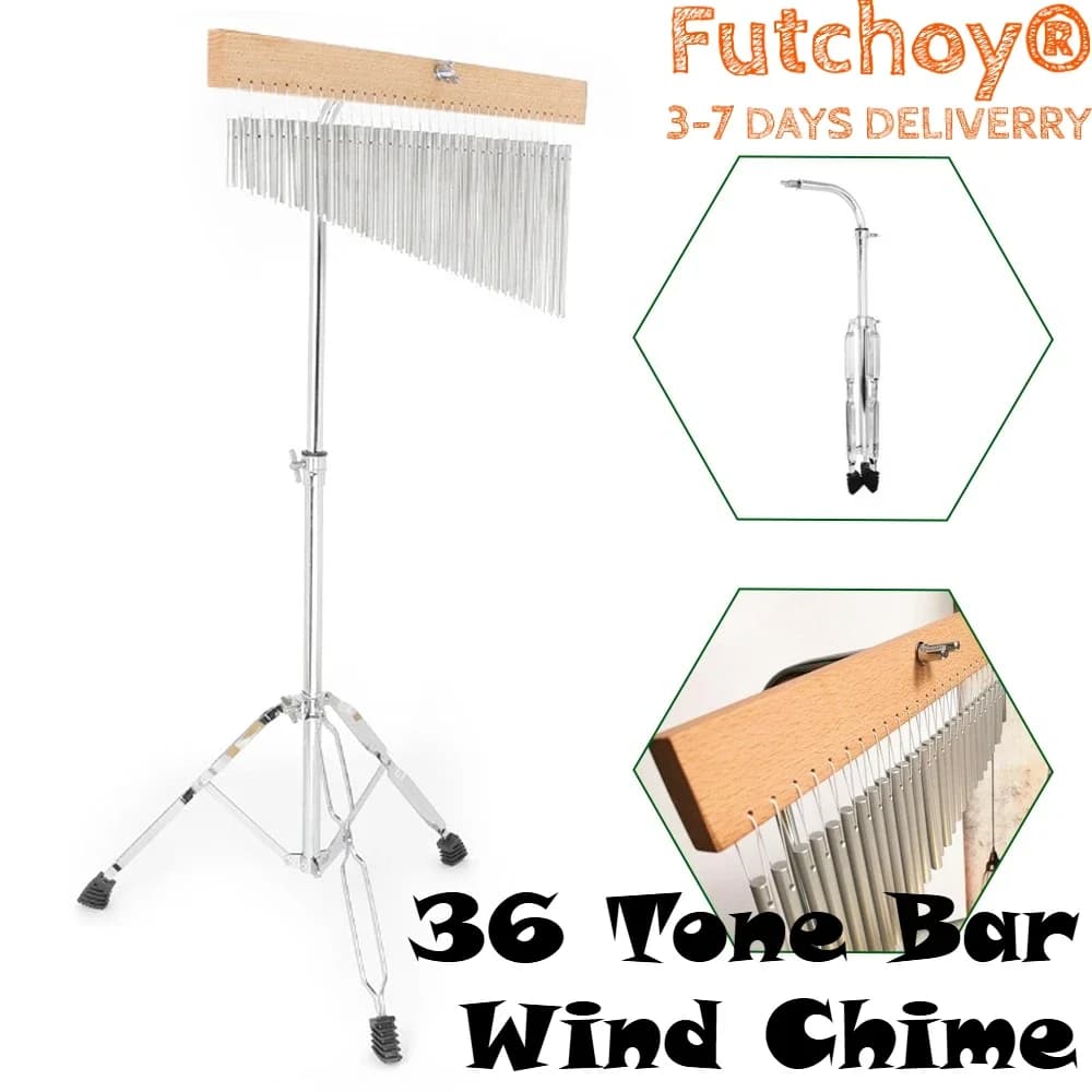 Wind music box with 36 tone bar, single row musical bell with adjustable mounting bracket, aluminium alloy with tripod and percussion support