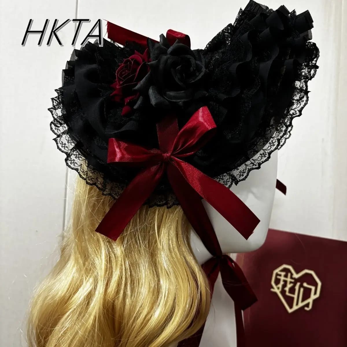 Cappello da ragazza Lolita nero e rosso di Natale Cappelli piatti Lolita in pizzo vintage francese Y2k Cosplay Cappello da strega gotico Cappello da donna