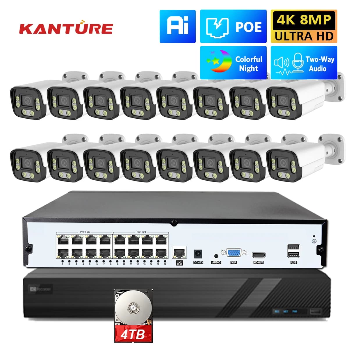 KANTURE 16CH 4K Ai Rilevamento umano 8MP Sistema di telecamere di sicurezza esterna Kit di videosorveglianza per visione notturna a colori con audio bidirezionale
