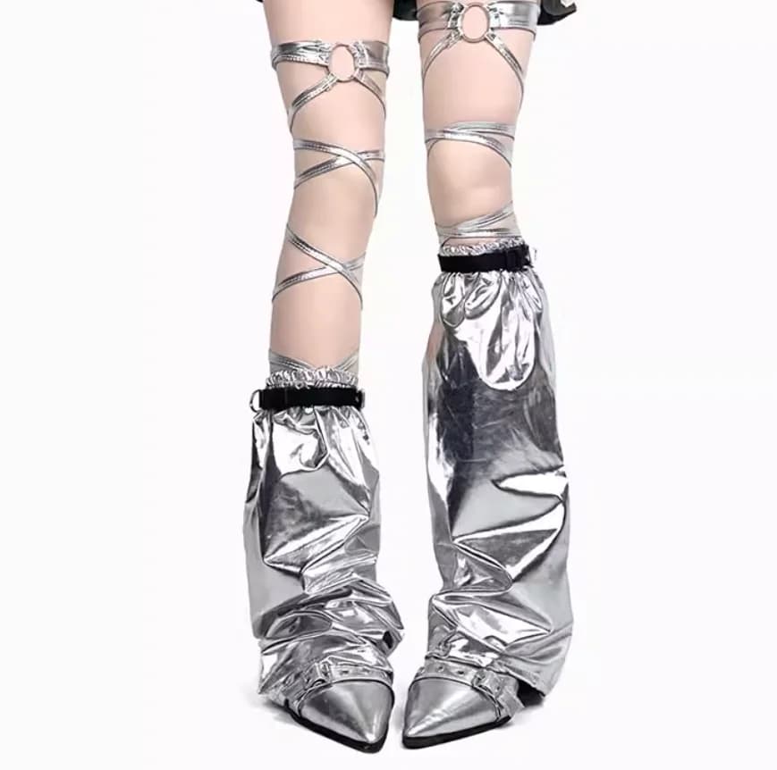 Y2K Futuristic Metallic Silver Leg Sleeves, Alt Girl Streetwear Sock Covers Girls Dancing Punk Leggings R2560