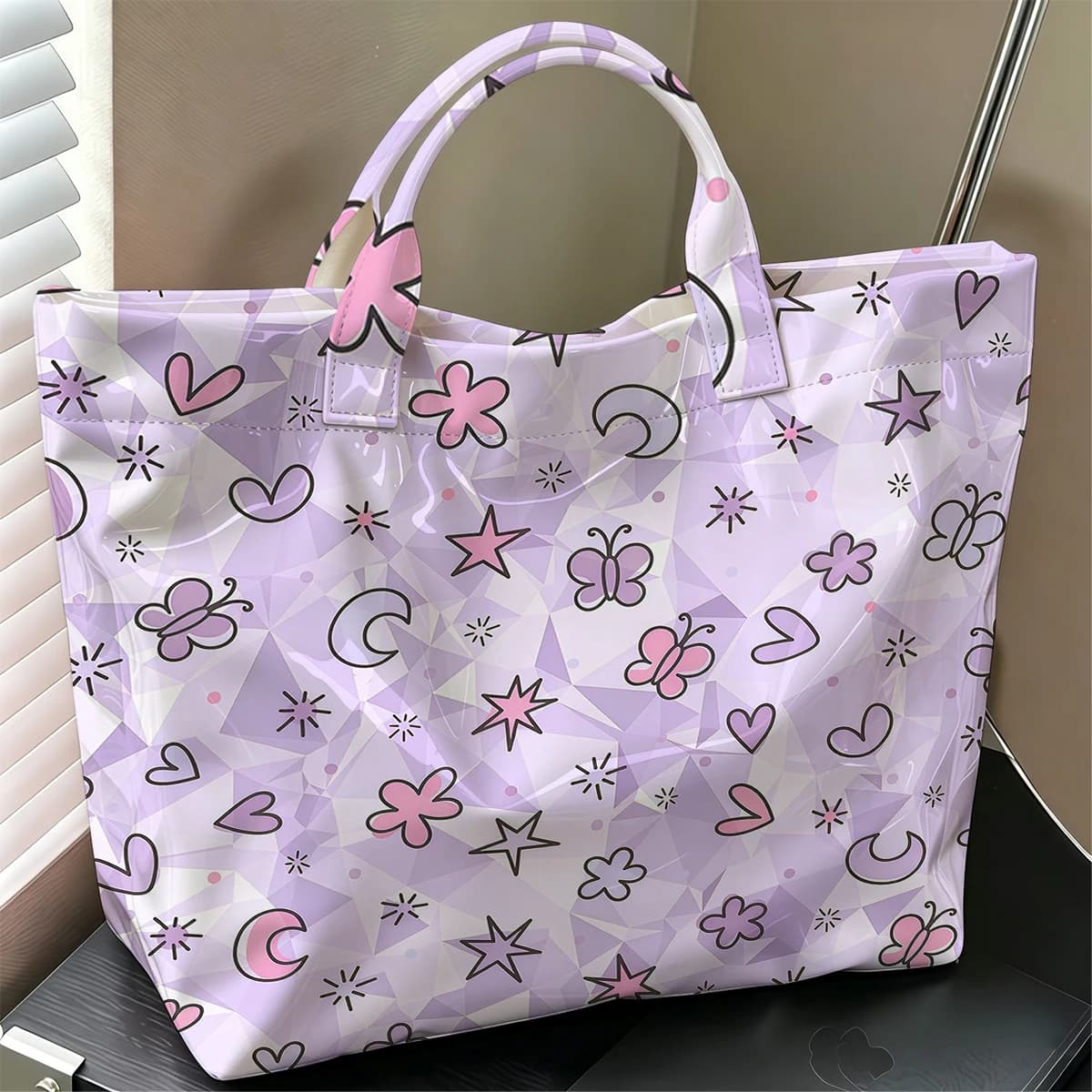 Lilac Cute Icons Cute Large Glossy PVC Tote Bag Hand Washable Lightweight Soft Great for Travel Commute Makeup Storage Handbags