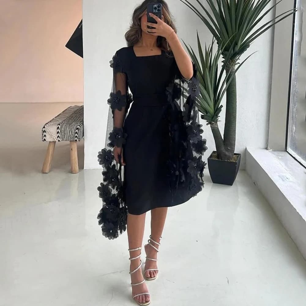 Flechazo Short Evening Dress Black Square Collar Illusion Tulle Long Sleeves with 3D Flowers A-Line Tea-Length Women Party Gowns
