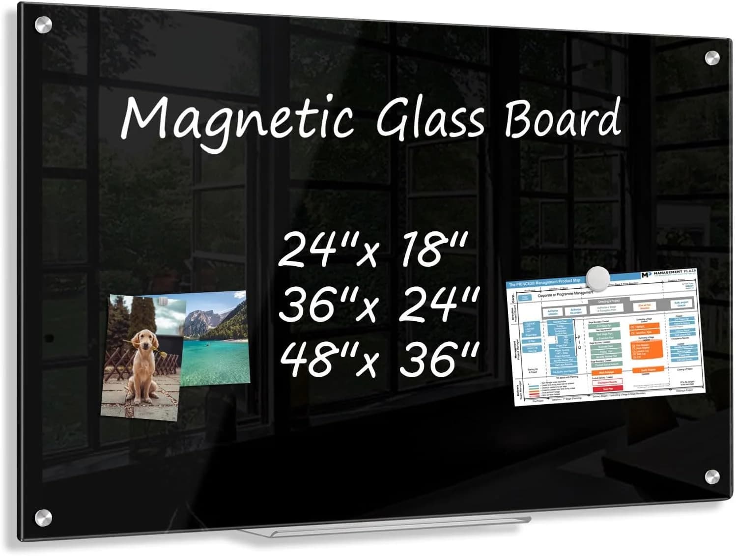 Lavagna Magnetica in Vetro Nero 36x24 Pollici con Vassoio Portapenne e Magneti per Ufficio, Scuola, Casa