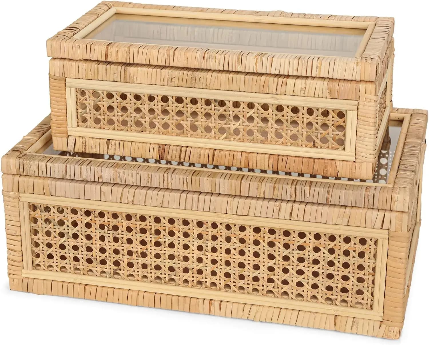 Display boxes in Rattan Hand-woven with Glass Covers, Set of 2 Rectangular Containers for Home Furniture