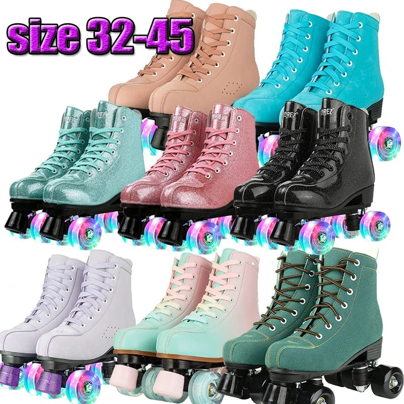 Pink Purple Blue Woman Double Row Leather Wheels Shoes Breathable 4 Wheels Sliding Skating Rollers Sneakers Size 31 32 33 34 35