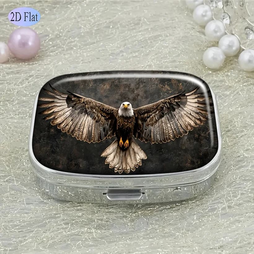 Eagle Spreading Wings Pill Box, Flat Portable Metal Pill Box, Compact Travel Pill Box, Daily Medication Storage, Cute Vitamin Supplement Pill Box, Flat Design