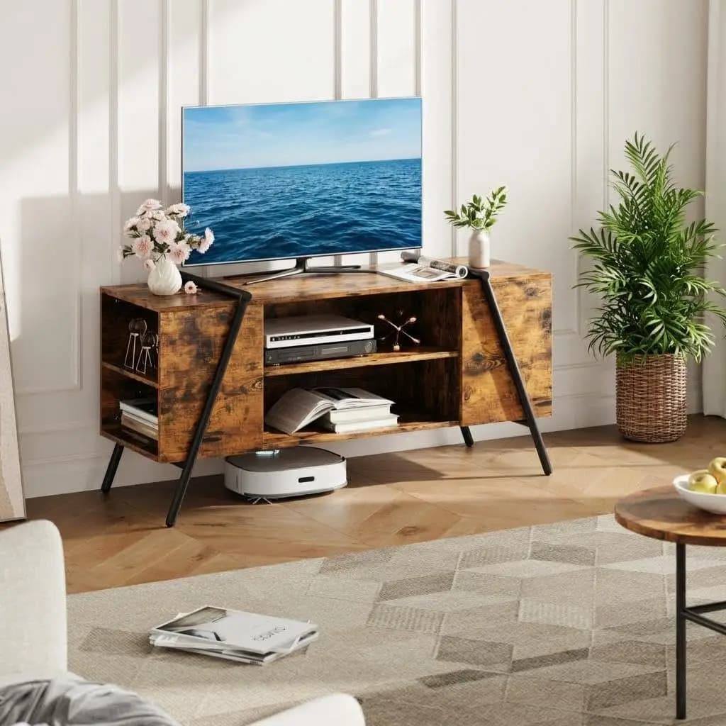 55 Inch TV Stand With Slanted Metal Legs Modern Industrial Media Console Rustic Wood Entertainment Center