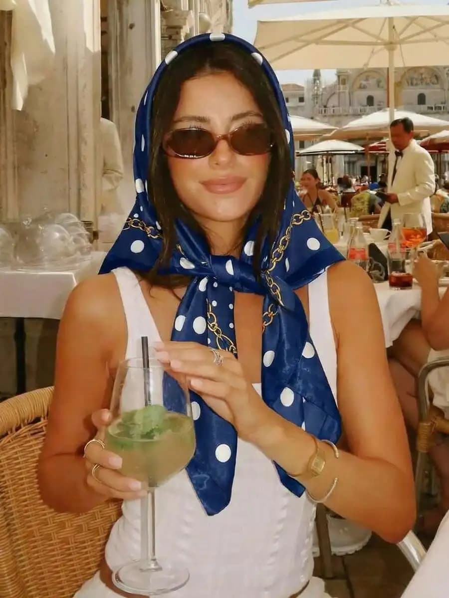1pc Bohemian Style Polka Dots Printed Satin Scarf, Elegant Headscarf Shawl For Daily Casual Wear, Sun Protection,Holiday,Travel