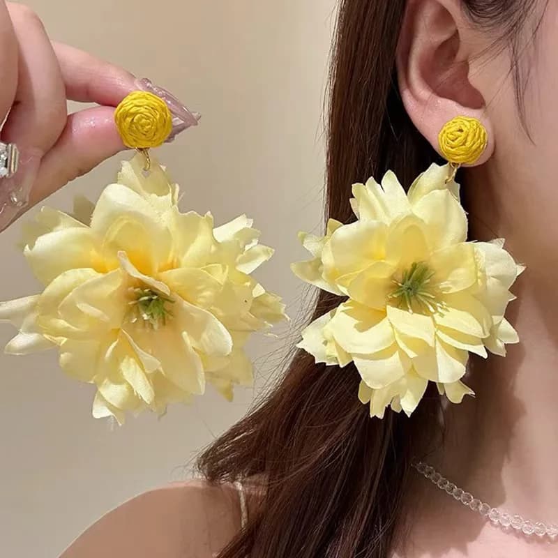Summer Elegant Fabric Yellow Rose Dangle Earrings for Women Sweet Plant Floral Earrings Beach Vacation Jewelry Accessories Gifts