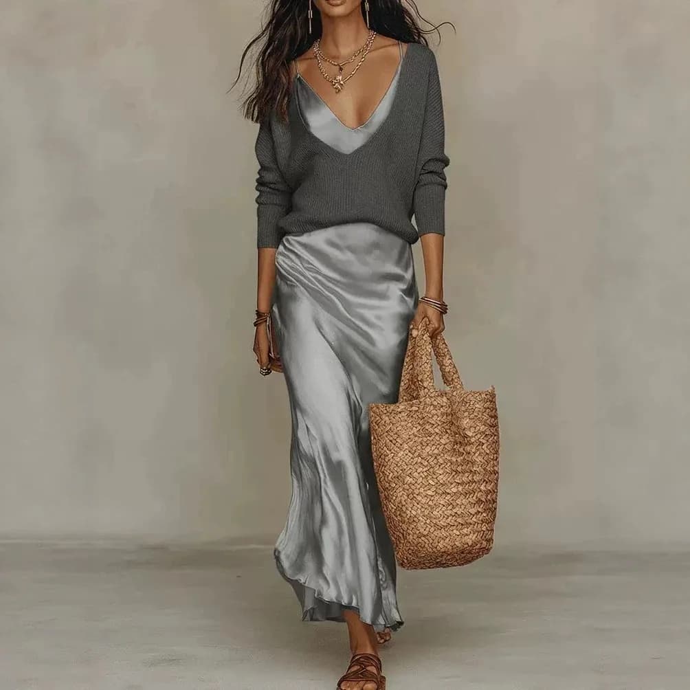 Elegante Completo Due Pezzi da Donna: Abito in Raso e Top Lavorato a Maglia - Nuova Collezione Moda 2026, Abbigliamento Casual Sportivo