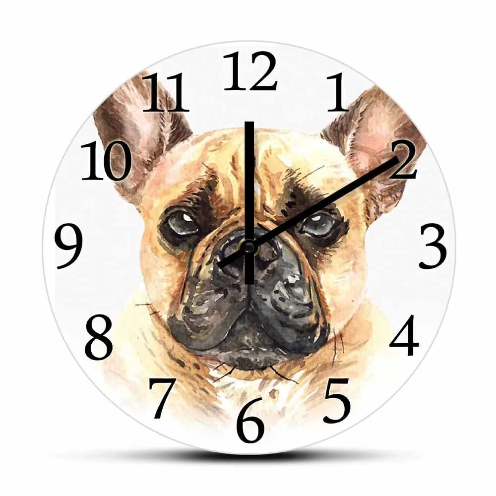 Orologio da parete con design a forma di bulldog francese, per la cameretta dei bambini, decorazione artistica con cuccioli di cani di razza Frenchie, orologio da parete silenzioso decorativo