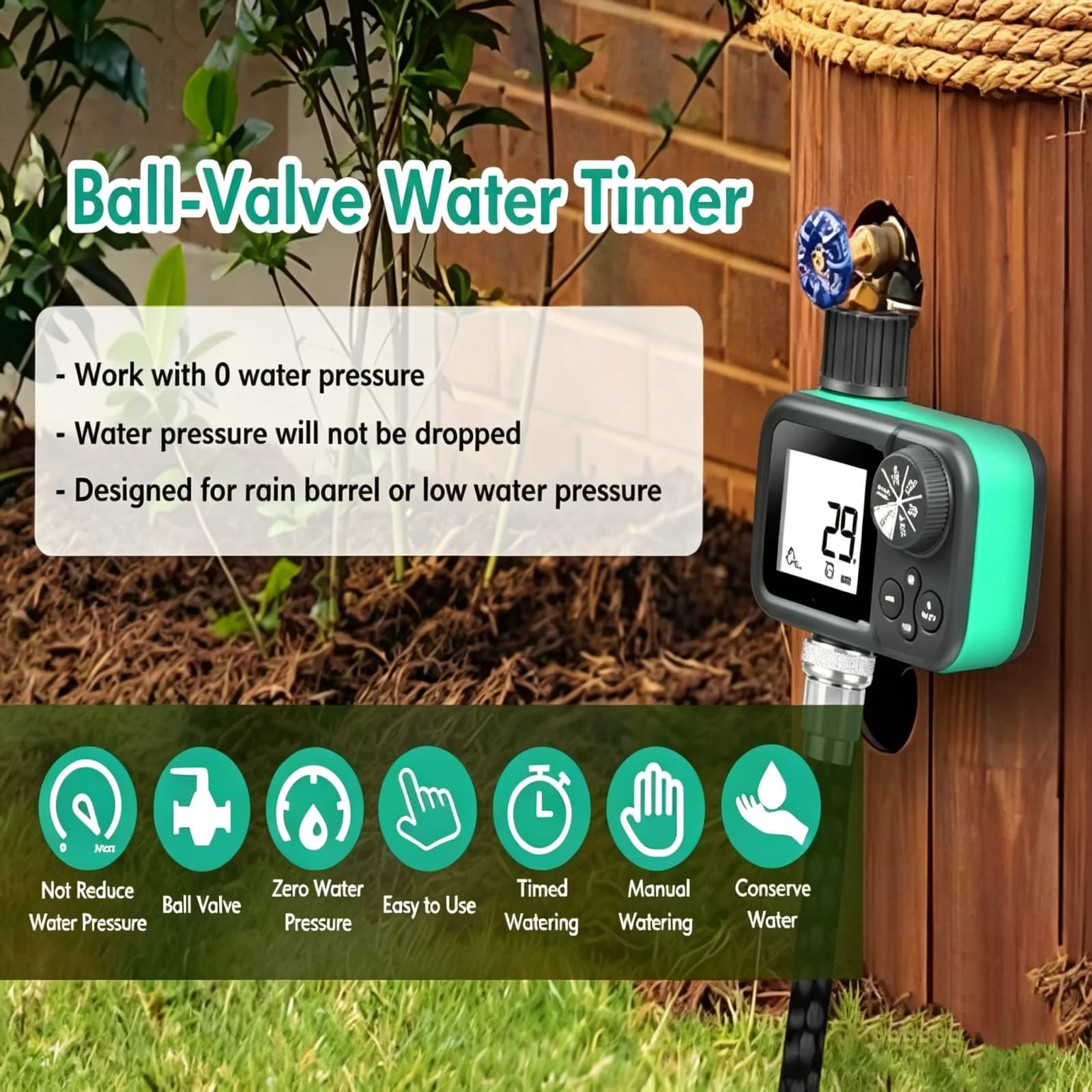 Ball Valve Water Timer Zero Pressure 3 Modes Auto/Manual/Rain Delay for Garden Hose Rain Barrel Irrigation Sprinkler