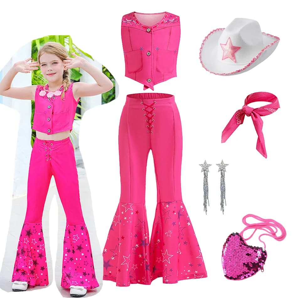 Girls Babe Vest+Pant 2-Piece Set Kids Red Bell Bottoms With Sleeveless Bodysuit Lovely Cowgirl Suit With Hat Halloween Clothing