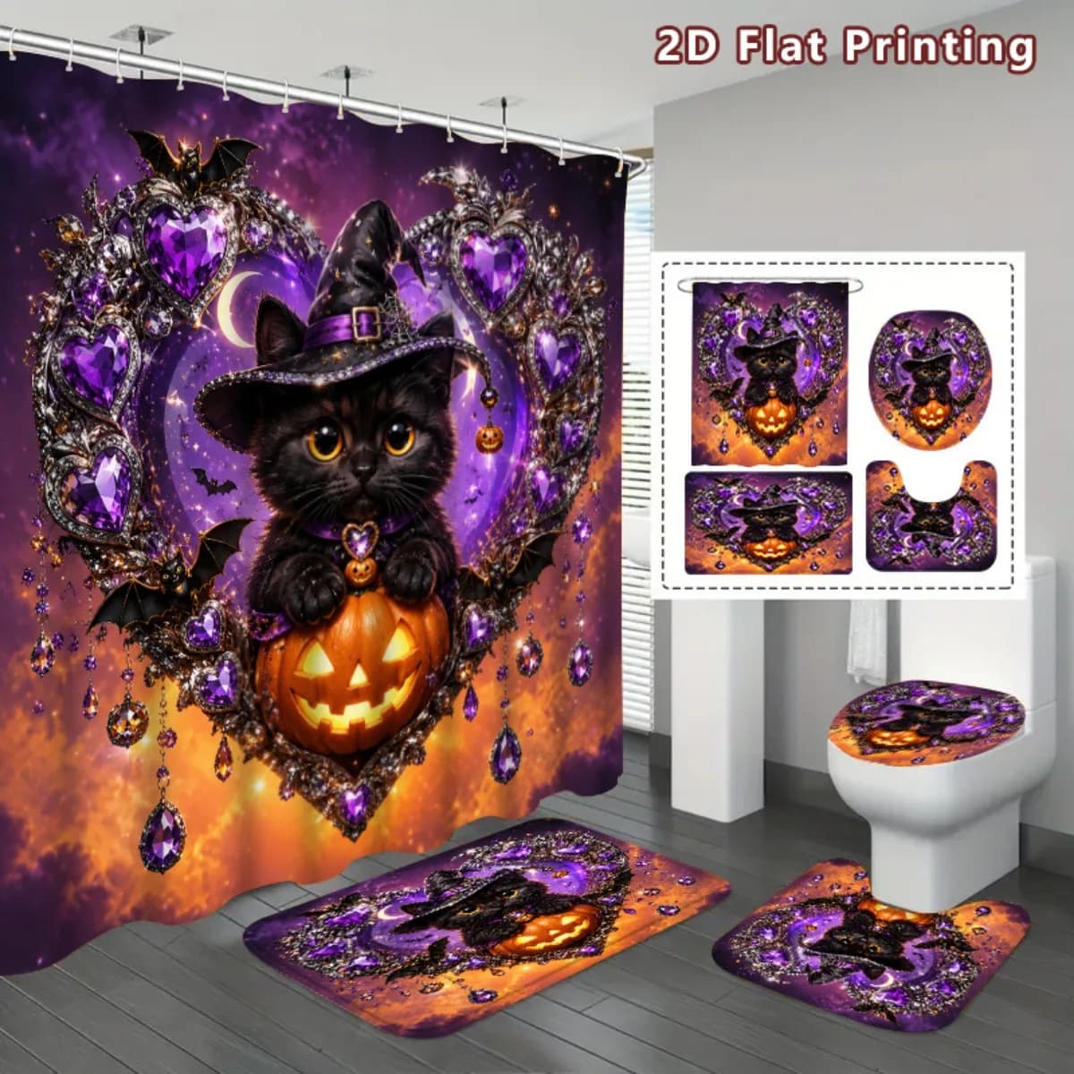 Halloween Decor Shower Curtain Set Cute Witch Black Cat Print Quick-dry Durable Waterproof Bath Curtain 12 Hooks 3pcs Floor Mat
