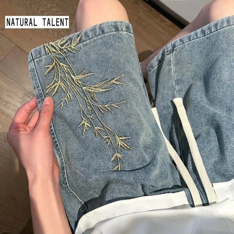 Men's Capri Shorts in Denim Embroidered Chinese Style Retro Washed, New Summer Collection 2026, Subtles, Wide, Plus Sizes, Streetwear, 5 Pockets
