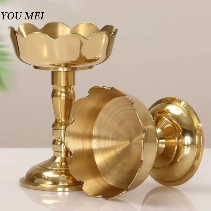 Buddhist Hall Candle Oil Lamp Holder,Flower Shape Glossy Copper Altars Candle Cup,Ghee Floating Holy Candlestick ,Buddhism Items