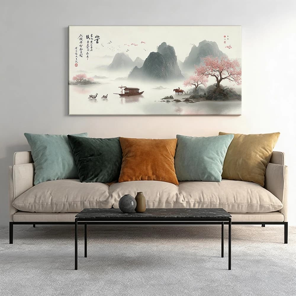 Painted on canvas with large wooden frame, 1 piece, Chinese landscape, boat, horses.