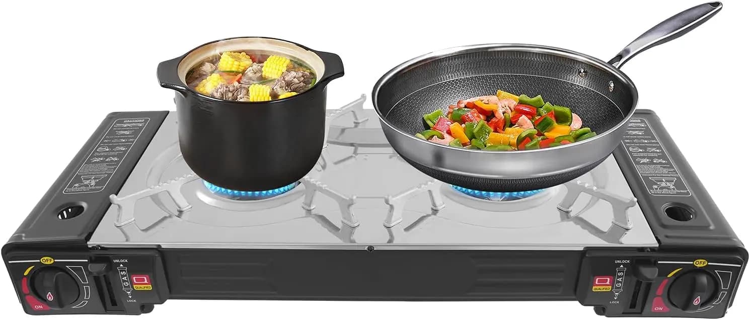 2-Burner Portable Camping Stove Set with Cookware, Outdoor Cooking Kit Complete with Folding Gas Stove, Baking Pan, Carrying Cas