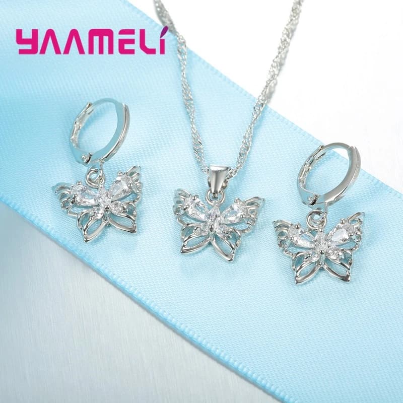 New Fashion 925 Sterling Silver Tone Jewelry Set Shiny Austrian Crystal Inlaid Butterfly Pendant Necklace Earrings 2Pcs Matching Jewelry Wedding Bridal Party Accessories Gift for Women