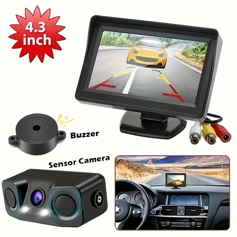 Telecamera per retromarcia per auto HD Sensore rilevatore radar di parcheggio 3 in 1 Luce LED per visione notturna impermeabile, grande schermo opzionale da 4,3 pollici