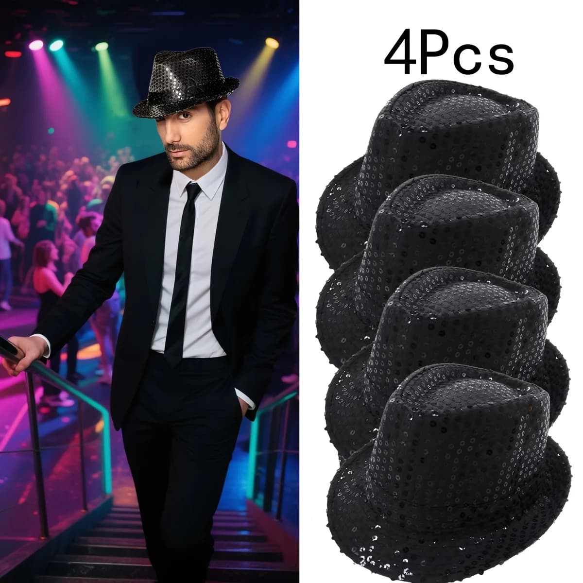 LERDU 4pcs Sequin Hat Unisex Western Dance Jazz Hat Shining Disco Cap Halloween Party