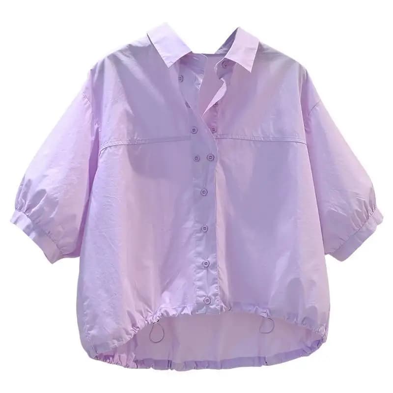 Camicia estiva a maniche corte alla moda con colletto rovesciato da donna High Street tinta unita cardigan casual con coulisse top in puro cotone