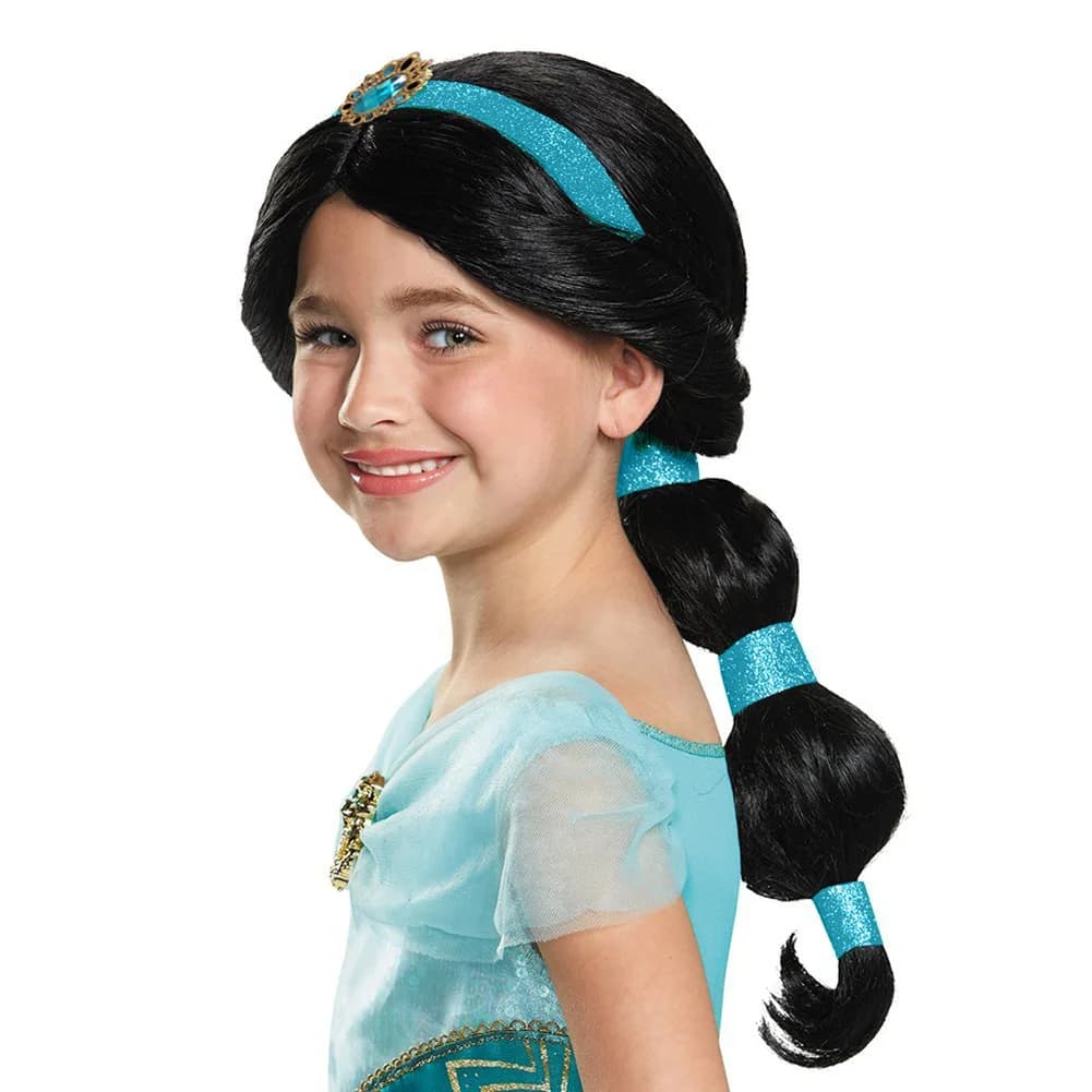 Lampada di Aladino Halloween Ragazze Principessa Jasmine Capelli Parrucca lunga nera Fantasia Bambini Parrucca da donna Travestimento Bambino Cosplay Parrucca da unicorno