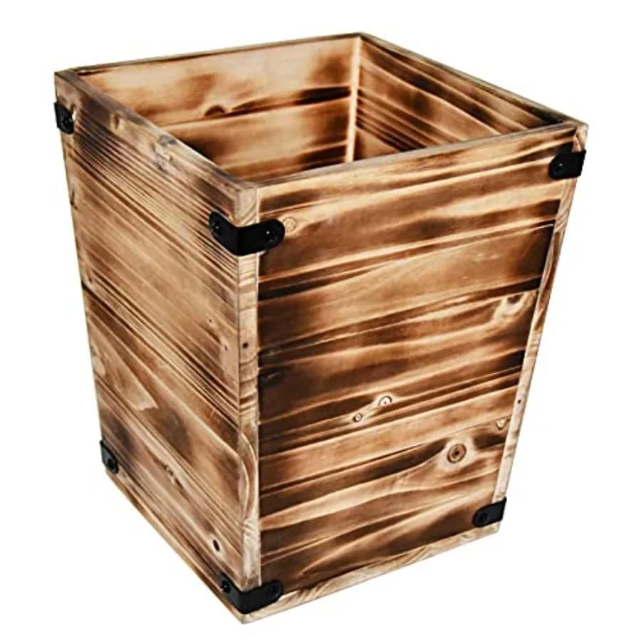 Cestino Decorativo in Legno Stile Rustico, Elegante Cestino per Rifiuti da Scrivania, Contenitore Quadrato con Supporti in Metallo