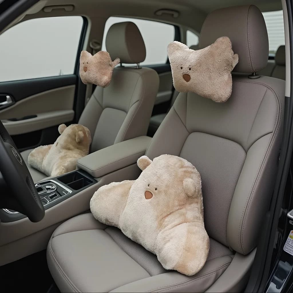 Cuscino Lombare per Auto in Peluche, Supporto per Poggiatesta, Cuscino a Forma di Orso, Comodo Cuscino per Collo, Accessori Auto