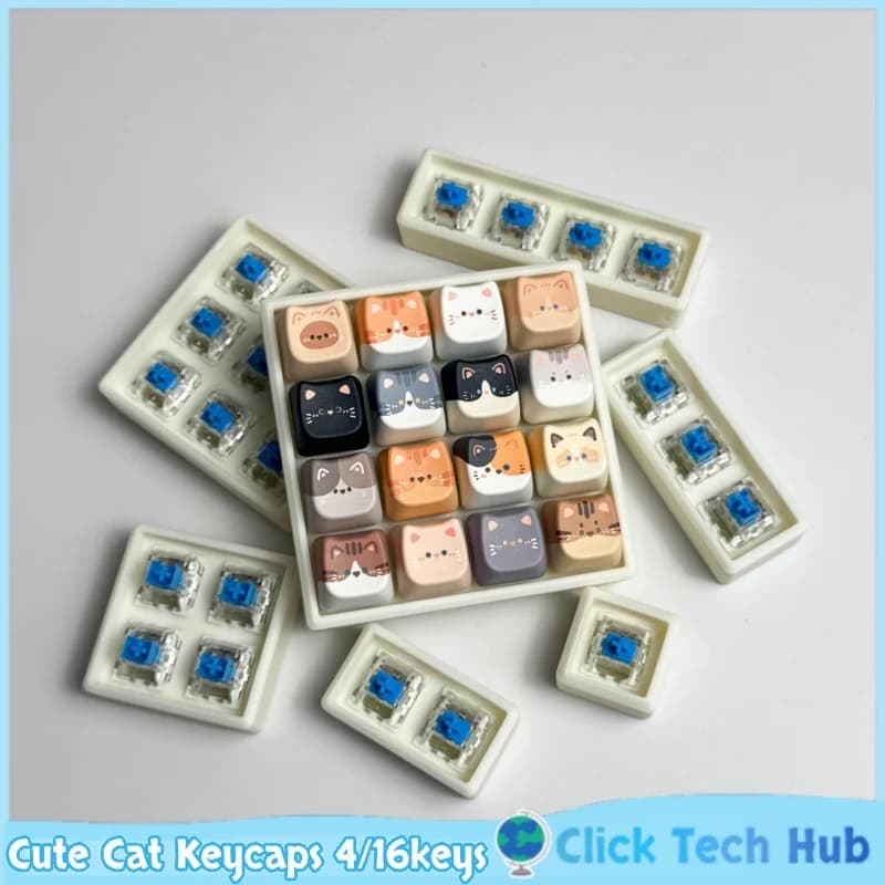 Keycaps a Forma di Gatto Carino 4/16 Tasti Profilo Mao PBT Meow Head Anime Keycap Personalizzati per Tastiera Meccanica Regali Creativi