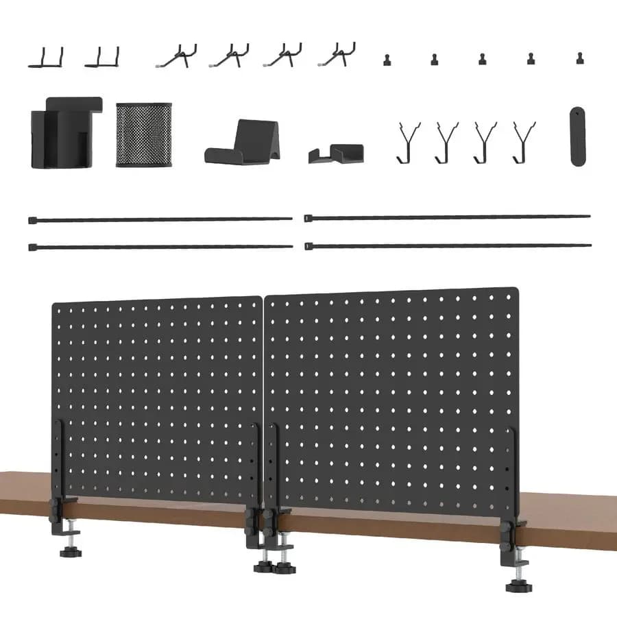 Pannello Forato da Scrivania con Morsetto 32 x 12, Kit Completo Senza Foratura, Pannello Divisorio in Metallo per Scrivania e Organizer con Accessori, Organizzazione Verticale D
