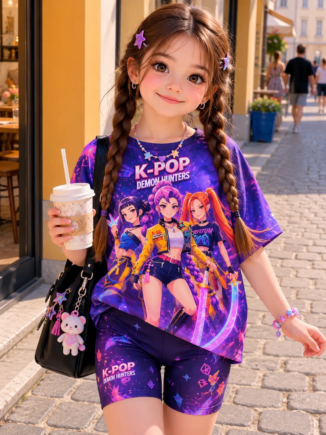 Purple Galaxy K-Pop Demon Hunters 2Pcs Outfit Anime Girl Print Short Sleeve Tee Star Gem Full Print Biker Shorts Kids Summer Set