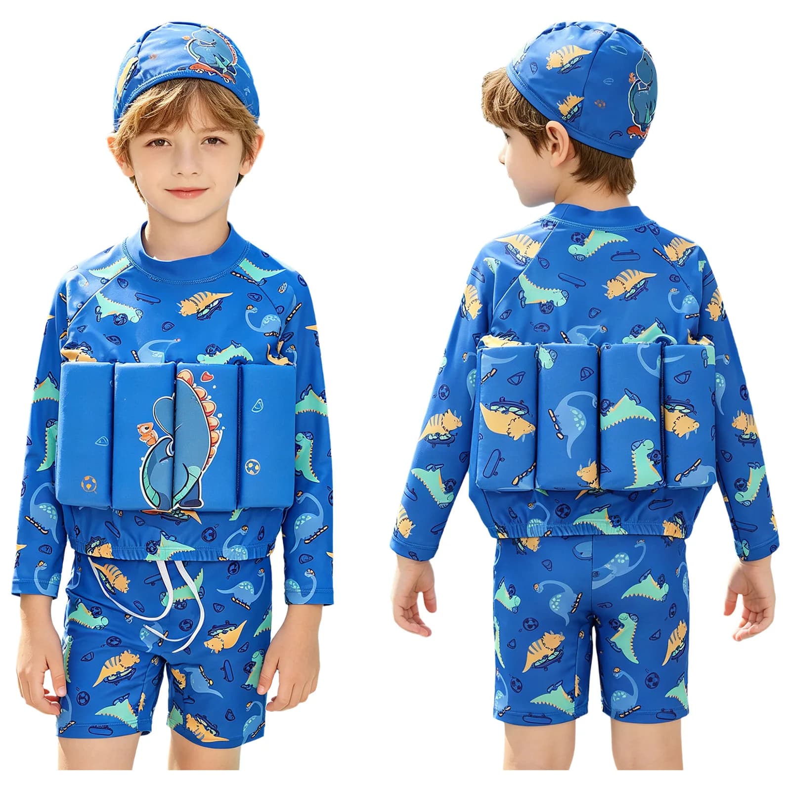 Costume da bagno galleggiante per bambini: Top a maniche lunghe, pantaloncini e cappuccio da nuoto UPF50+ traspirante per allenamento estivo in spiaggia