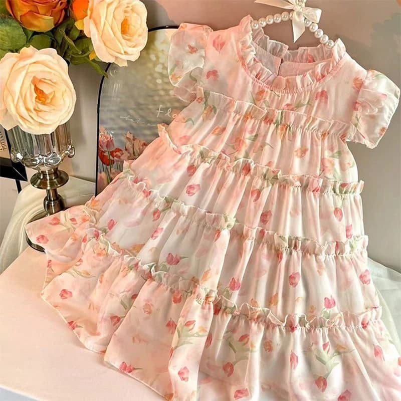 Nuovo abito da ragazza Abito estivo 2025 Versione coreana Elegante abito floreale per bambini Abito da principessa per bambina super fata