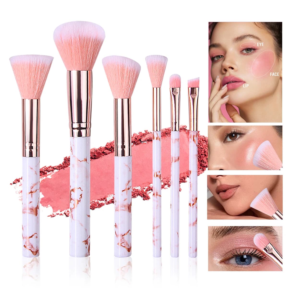 Set di pennelli per trucco rosa da 6 pezzi: include pennello per fard, pennello per contorno, pennello per ombretto, pennello per sfumare | Strumenti per il trucco completi