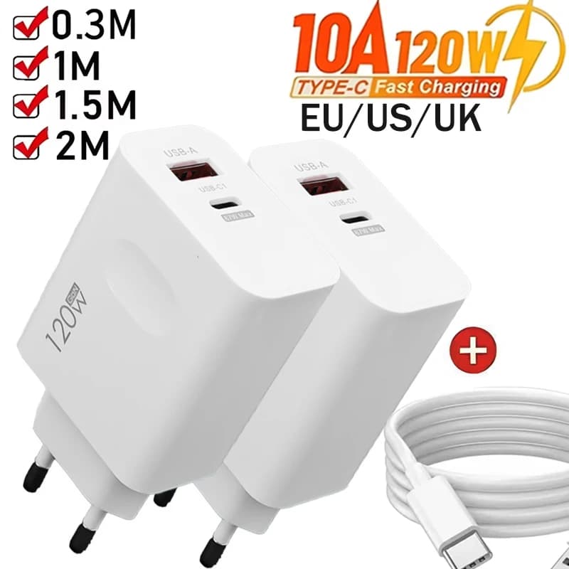Set di adattatori per caricabatterie cavo USB tipo C PD a ricarica rapida da 120 W per iPhone 16 15 Samsung Xiaomi Redmi presa a muro a ricarica rapida EU/US/UK