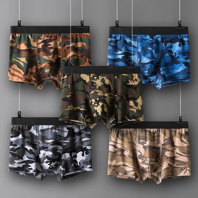 Biancheria intima da uomo mimetica in puro cotone di marca sportiva pantaloni ad angolo piatto vita media biancheria intima da uomo militare da boxe di grandi dimensioni