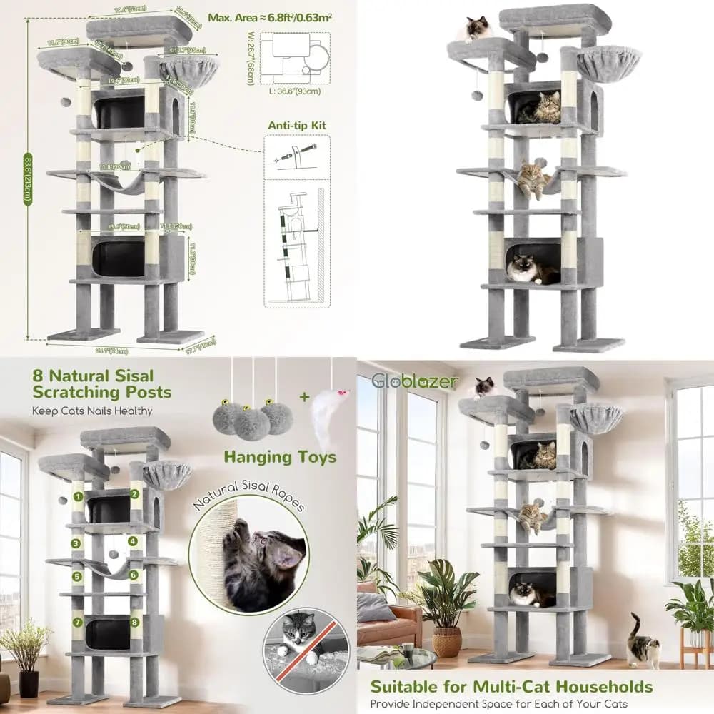 83 Albero per gatti XXL per carichi pesanti con 8 tiragraffi, amaca, 2 grotte, 2 piattaforme, grigio chiaro