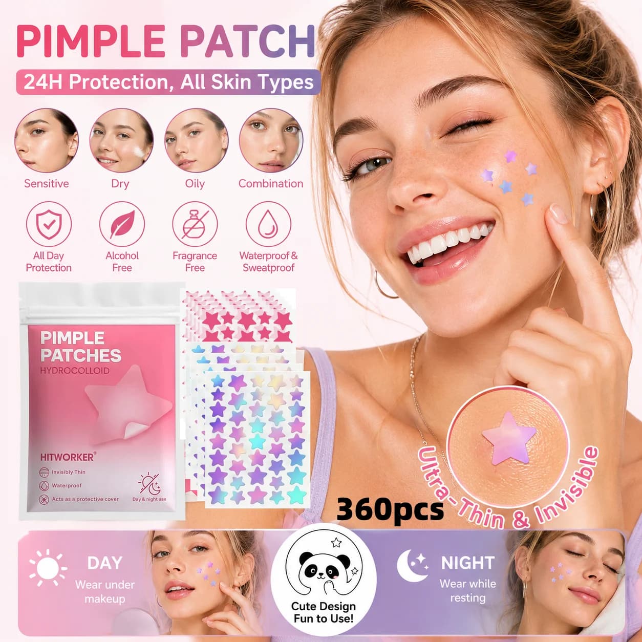360 Star Shaped Anti-Acne Curves, Hydrocolloid Stickers for Brufoli, Coprono e Nascondono l'Acne, Purificano la Pelle, Accessorio di Moda per lo Look Quotidiano
