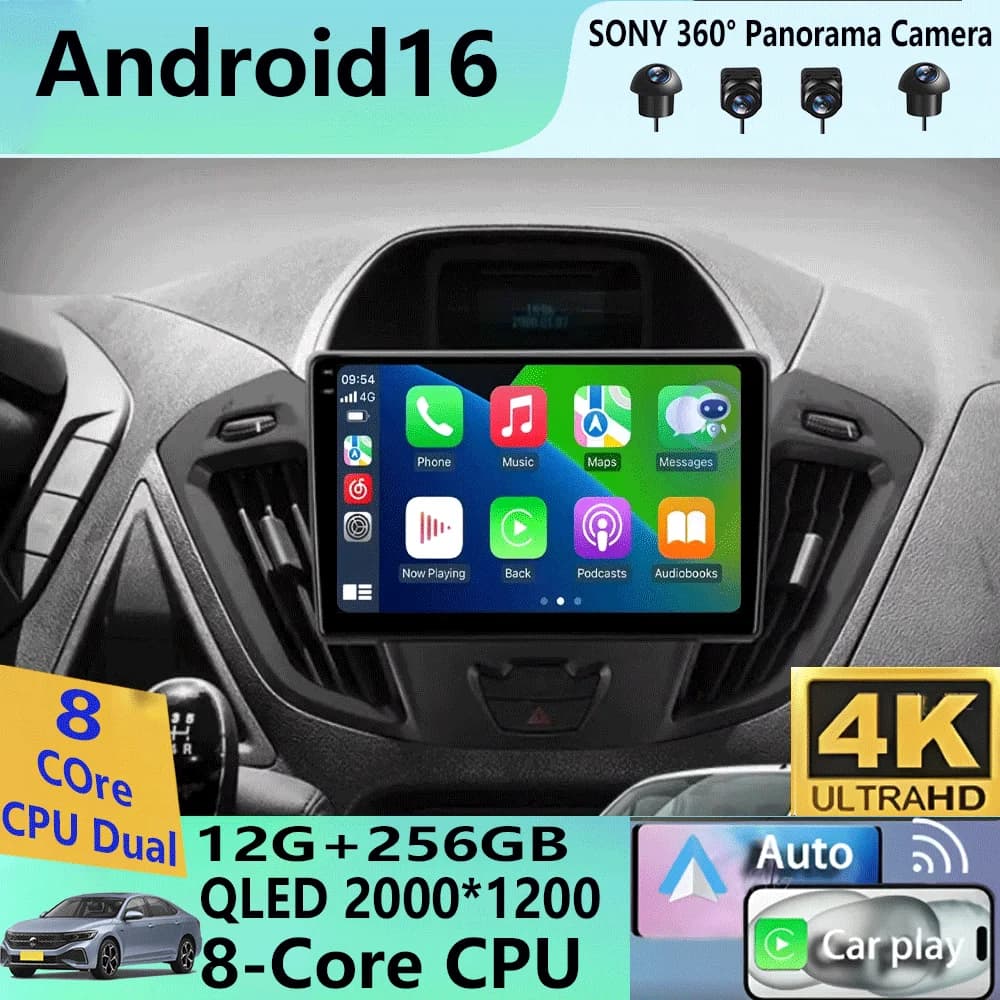 Autoradio Android 16 con Carplay e Auto WIFI+4G per Ford Transit Custom 2013-2018, Lettore Multimediale GPS Video Stereo 2din con DSP