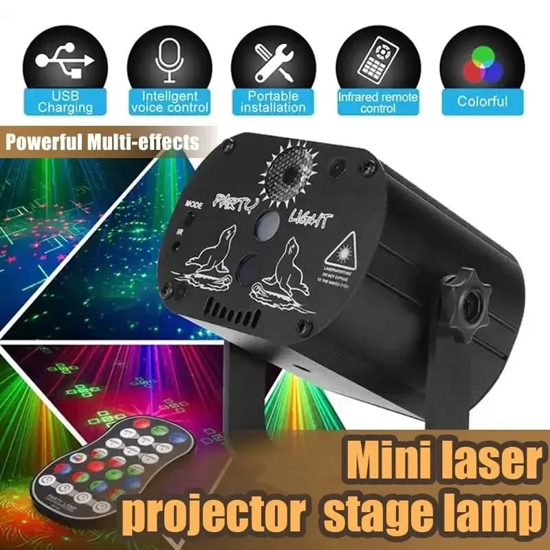 Mini proiettore laser RGB Luce da palco DJ Lampada da discoteca LED USB ricaricabile Suono UV Stroboscopico Effetto scenico Matrimonio Festa di Natale