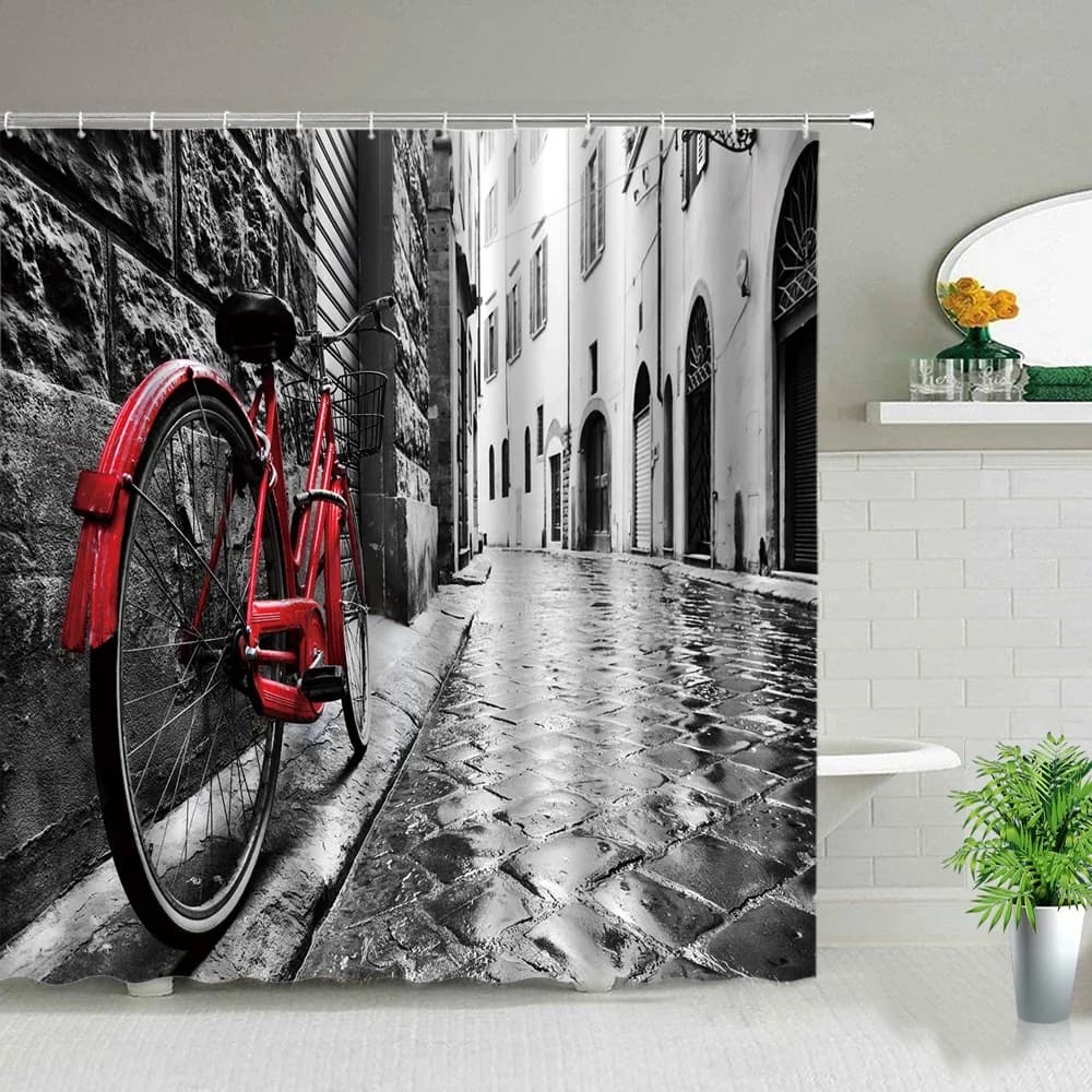 Retro Old Street Building bicicletta paesaggio tende da doccia Poster in stile europeo tenda da bagno tessuto impermeabile con ganci