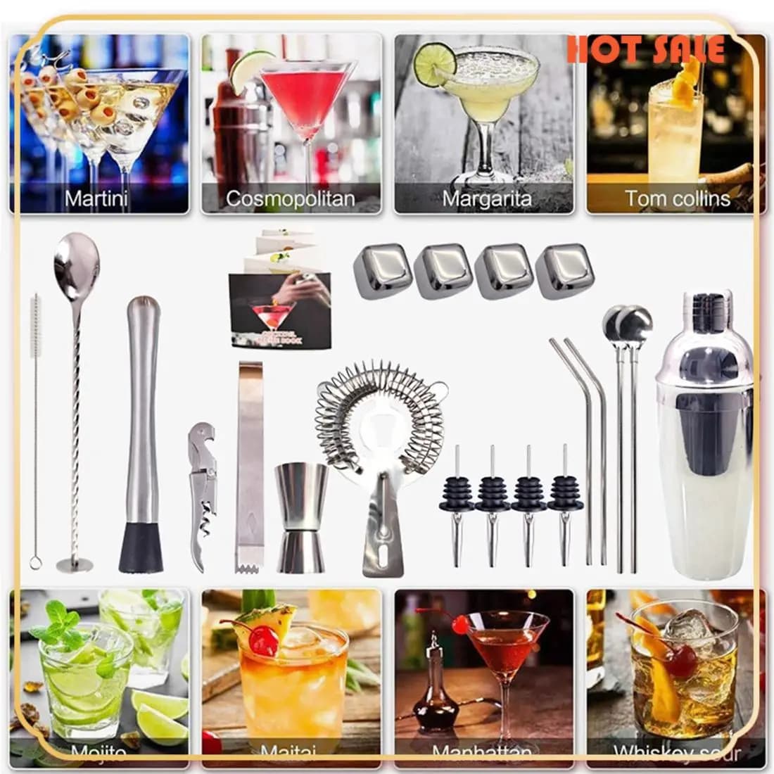 ABFA Kit da barista Set di shaker da cocktail da 23 pezzi in acciaio inossidabile con venature del ghiaccio Supporto in acrilico per bevande miste Strumenti da bar Martini