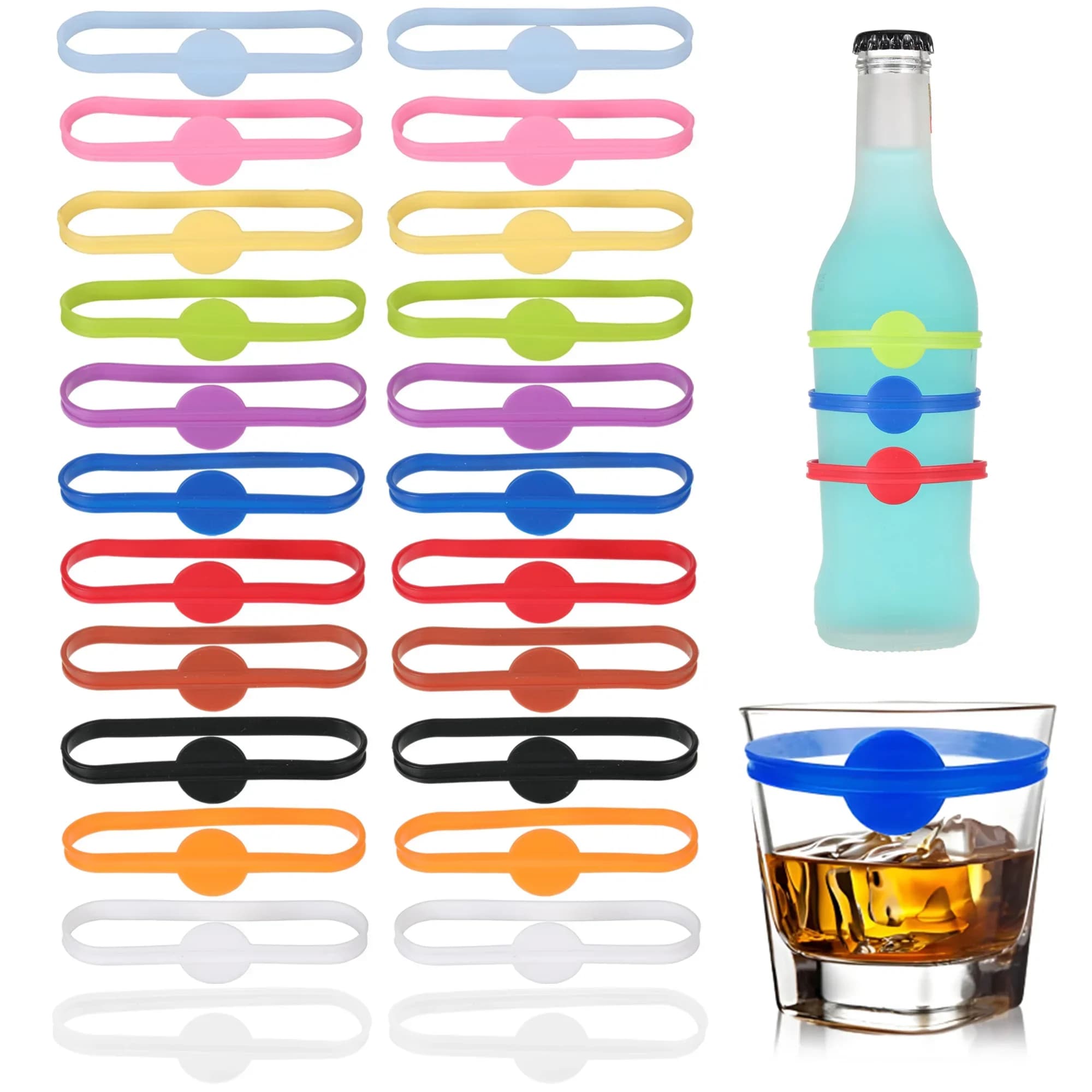 24 pezzi Etichette per vino Bicchieri Set di pennarelli per bevande Set di pennarelli in silicone per uso alimentare Marcatori per vetro in silicone per feste da bar Anelli in silicone