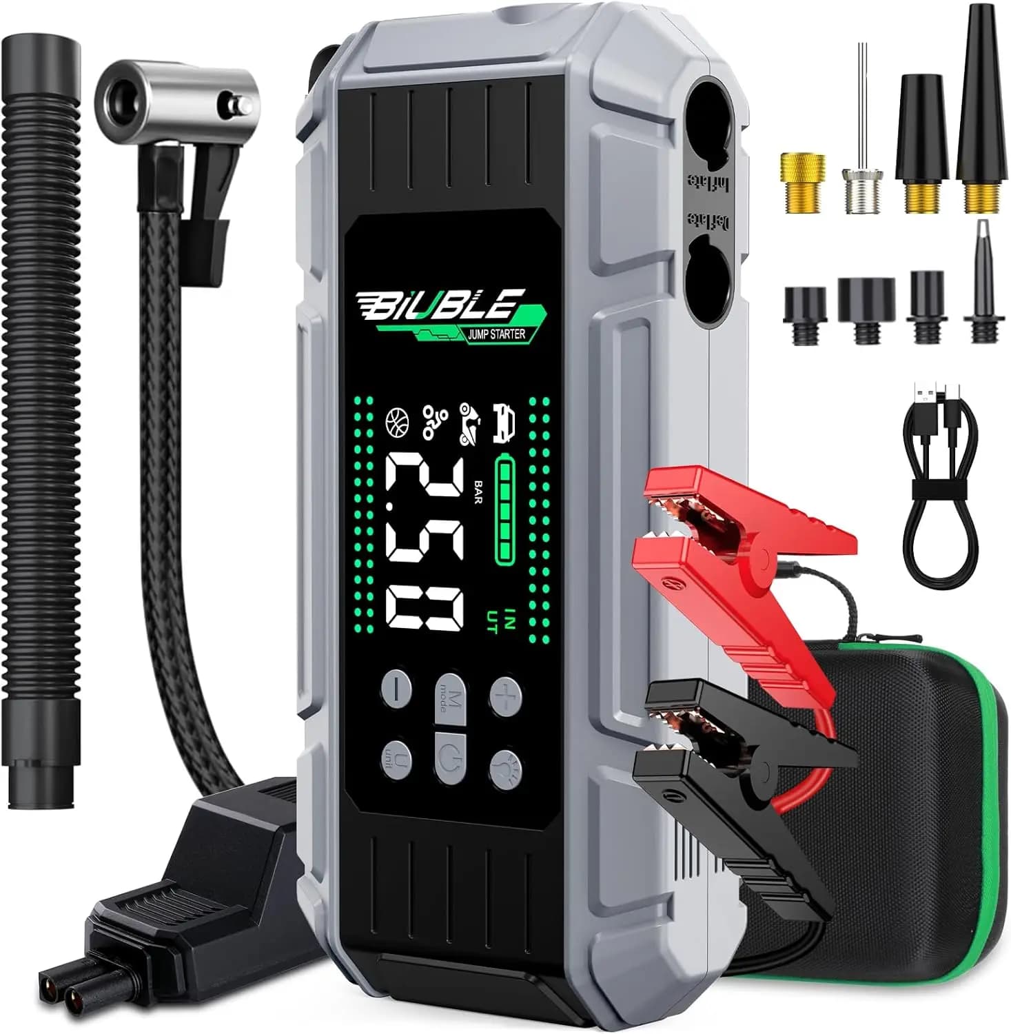 Avviatore di emergenza 8000A con gonfiatore d'aria, ripetitore batteria per auto da 65 W, 24800 mAh, 150 PSI, luce LED