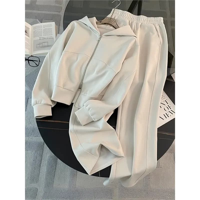 Completo Casual da Donna con Cappuccio, Top Corto con Zip e Pantaloni a Gamba Larga, Abbigliamento Sportivo da Strada, Outfit Quotidiano in Due Pezzi